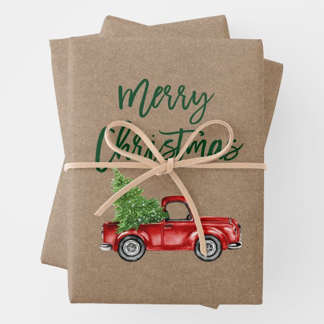 Green Brush Script Christmas Truck Kraft Style Wrapping Paper Sheet (In situ)