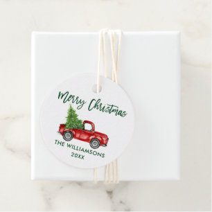 Green Brush Script Christmas Vintage Red Truck Favour Tags