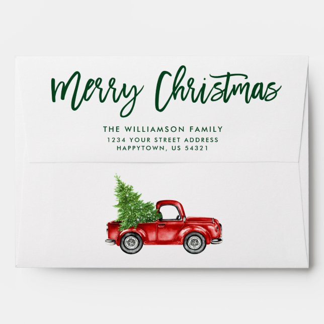 Green Brush Script Christmas Vintage Truck Envelope (Back (Top Flap))