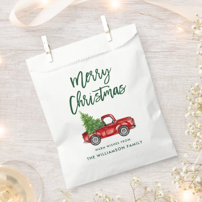 Green Brush Script Christmas Vintage Truck Favour Bags (Clipped)