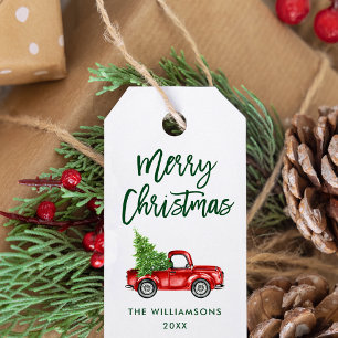 Green Brush Script Christmas Vintage Truck Gift Tags