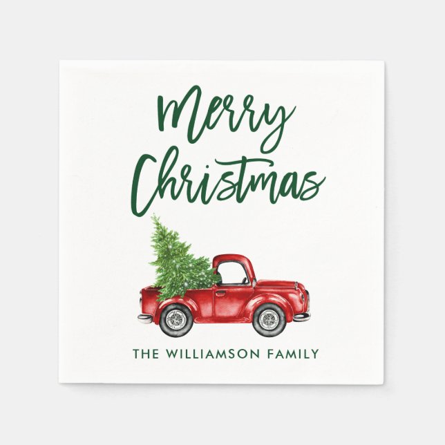 Green Brush Script Christmas Vintage Truck Napkin (Front)