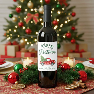 Green Brush Script Christmas Vintage Truck Wine Label