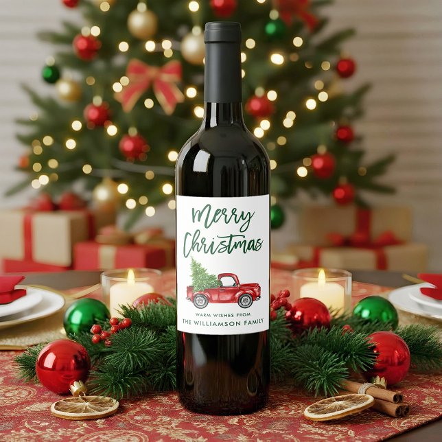 Green Brush Script Christmas Vintage Truck Wine Label (Customize to change your personalized text size or text style.)