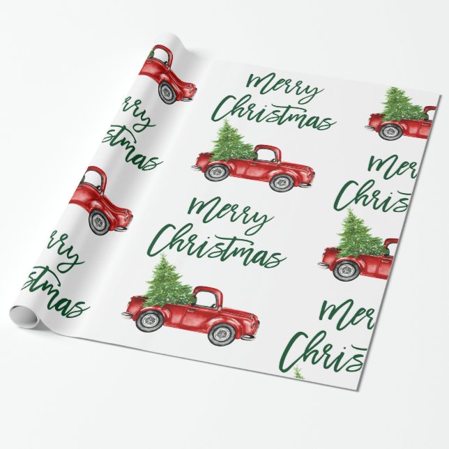 Green Brush Script Christmas Vintage Truck Wrapping Paper (Unrolled)