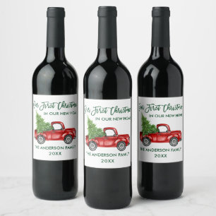 Green Brush Script First Christmas New Home Truck Wine Label