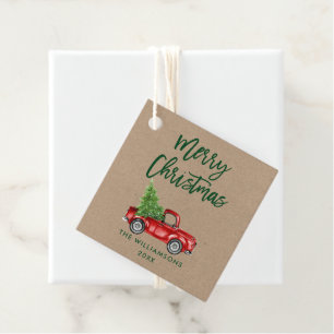 Green Brush Script Kraft Christmas Vintage Truck Favour Tags