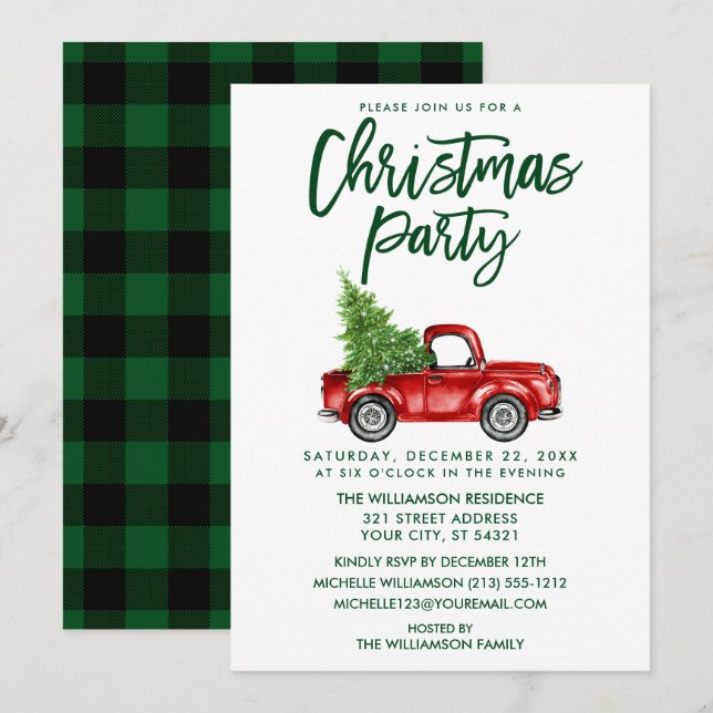 Green Brush Script Plaid Truck Christmas Party Invitation (Front/Back)