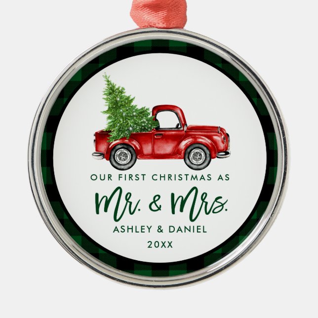 Green Brush Script Truck First Christmas Plaid Metal Tree Decoration (Front)