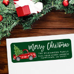 Green Brush Script Vintage Truck Christmas<br><div class="desc">Brush Script Watercolor Vintage Red Truck with Christmas Tree - Merry Christmas Family Return Address Label</div>