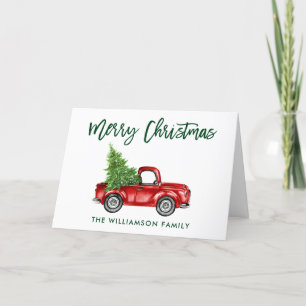 Green Brush Script Vintage Truck Christmas Fold Holiday Card