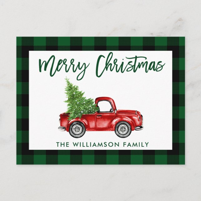 Green Brush Script Vintage Truck Christmas Plaid Postcard (Front)