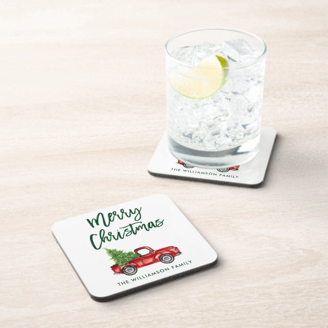 Green Brush Script Vintage Truck Christmas Tree Coaster (Right Side)
