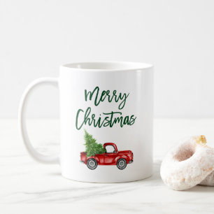 Green Brush Script Vintage Truck Christmas Tree Coffee Mug
