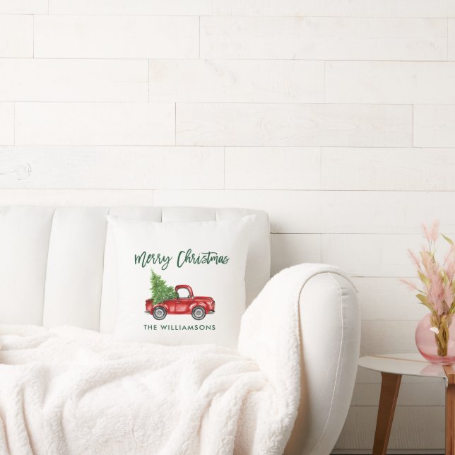 Green Brush Script Vintage Truck Christmas Tree Cushion (Couch)