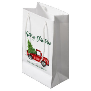 Green Brush Script Vintage Truck Christmas Tree Small Gift Bag
