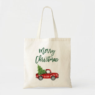 Green Brush Script Vintage Truck Christmas Tree Tote Bag