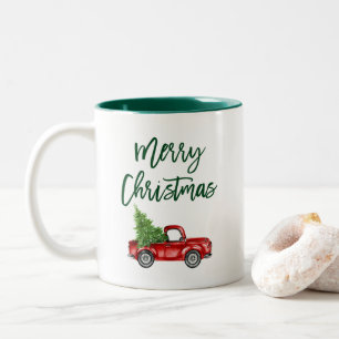 Green Brush Script Vintage Truck Christmas Tree Two-Tone Coffee Mug