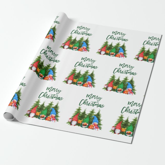 Green Brush Script Watercolor Gnomes Trees Wrapping Paper (Unrolled)