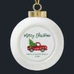 Green Brush Script Watercolor Vintage Truck Ceramic Ball Christmas Ornament<br><div class="desc">Brush Script Watercolor Vintage Red Truck with Christmas Tree - Merry Christmas Ornament</div>