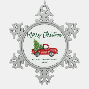 Green Brush Script Watercolor Vintage Truck Snowflake Pewter Christmas Ornament