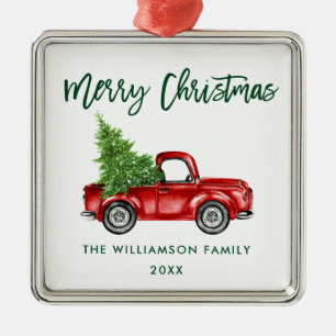 Green Brush Script Watercolor Vintage Truck Square Metal Tree Decoration