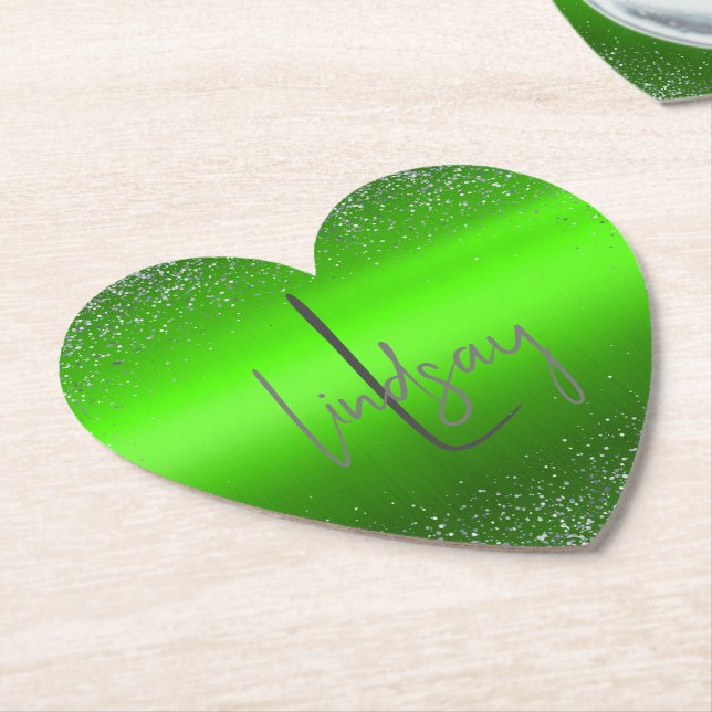 Green Brushed Metal Glitter Monogram Simple | Paper Coaster (Angled)
