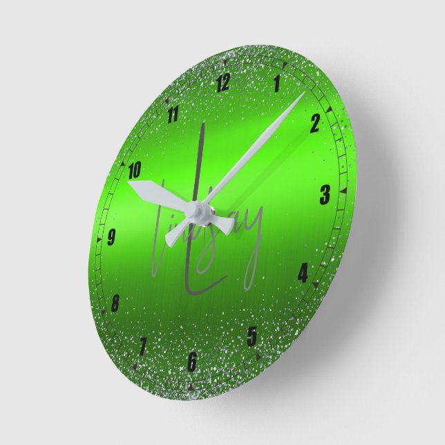 Green Brushed Metal Glitter Monogram Simple | Round Clock (Angle)