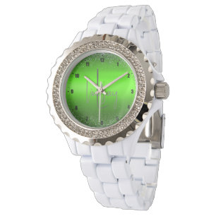 Green Brushed Metal Glitter Monogram Simple Watch