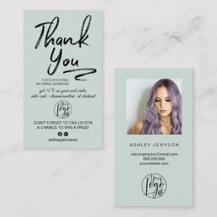 Green brushed script photo logo order thank you business card