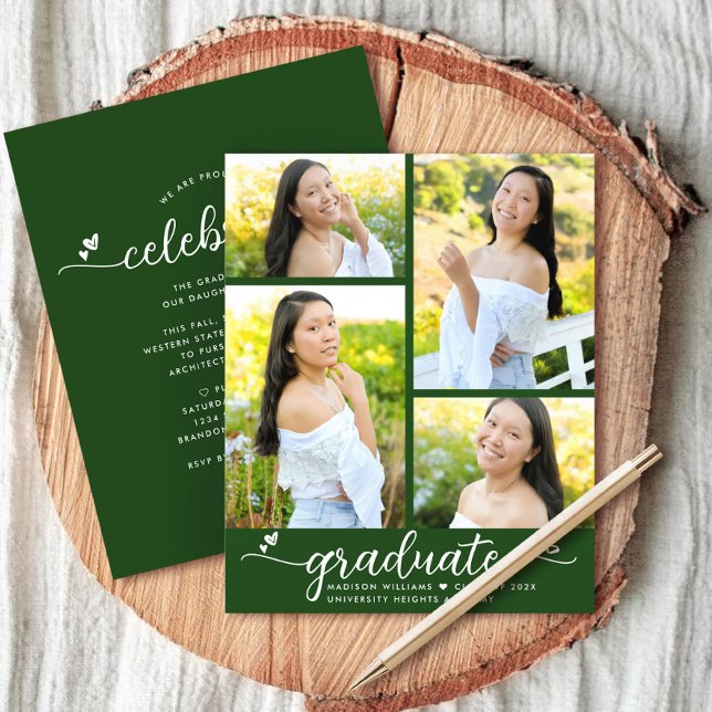 Green Budget Graduation 4 Photo Script Invitation  (Creator Uploaded)