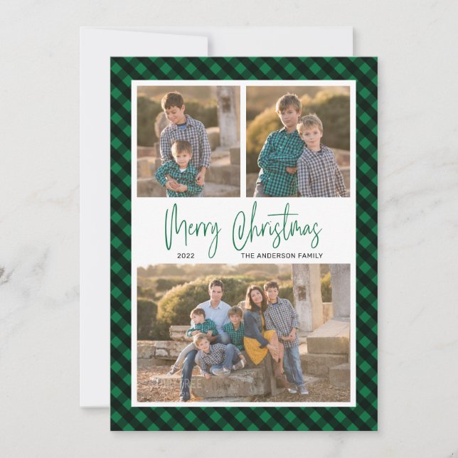 Green Buffalo Check 3 Photo Collage Christmas Holiday Card (Front)
