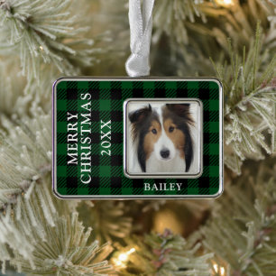 Green Buffalo Check Dog Photo Personalised Silver Plated Framed Ornament