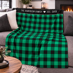 Green Buffalo Check Family Name Monogram Fleece Blanket