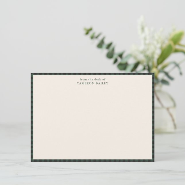 Green Buffalo Check Personalised Stationery Card (Standing Front)