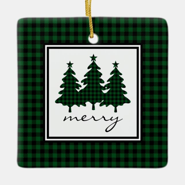 Green Buffalo Check Pine Trees Ceramic Ornament (Front)