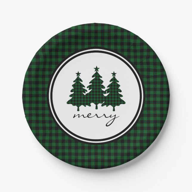 Green Buffalo Check Pine Trees Paper Plate (Front)