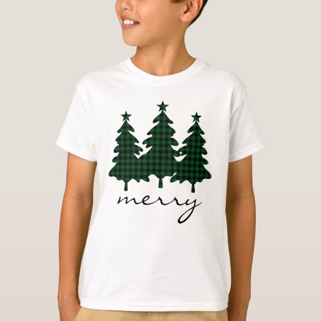Green Buffalo Check Pine Trees T-Shirt (Front)