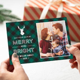 Green Buffalo Check Plaid Merry and Bright Photo Holiday Card