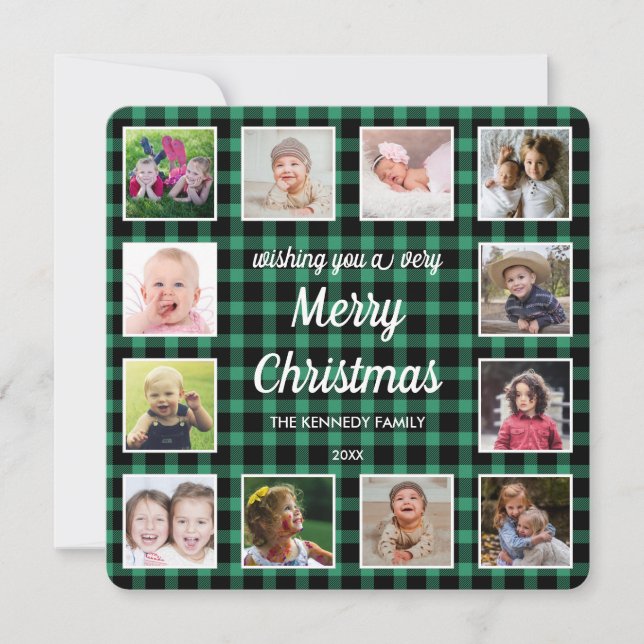Green Buffalo Plaid 12 Photo Collage   Christmas Holiday Card (Front)