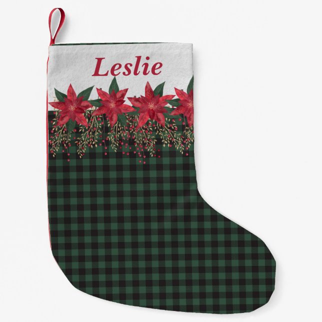 Green Buffalo Plaid And Poinsettias Personalised Small Christmas Stocking (Front)