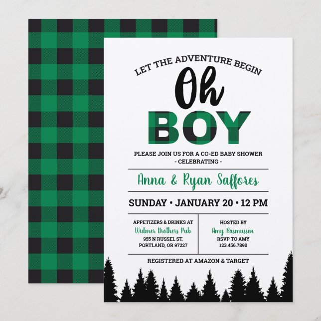 Green Buffalo Plaid Baby Shower Invitation Oh Boy (Front/Back)