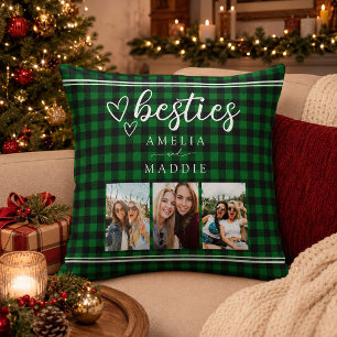 Green Buffalo Plaid Bestie Photo Collage  Cushion