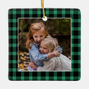 Green Buffalo Plaid Christmas Photo Ceramic Ornament