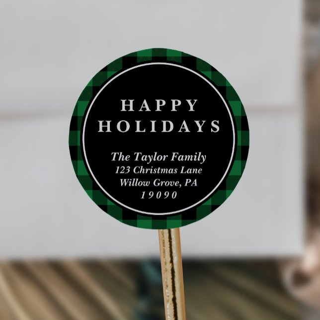 Green Buffalo Plaid Christmas Return Address Classic Round Sticker (Creator Uploaded)