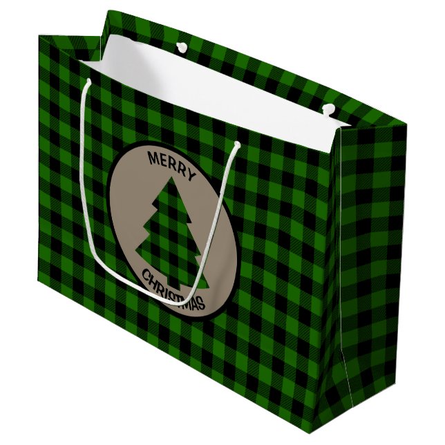 Green Buffalo Plaid Christmas Tree Large Gift Bag (Front Angled)