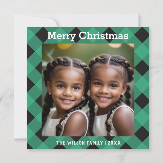 Green Buffalo Plaid Custom Photo Christmas Holiday Card (Front)