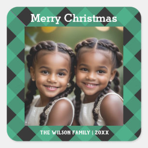 Green Buffalo Plaid Custom Photo Christmas Square Sticker