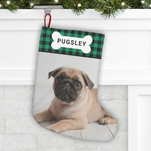 Green Buffalo Plaid Dog Bone Name and Photo Small Christmas Stocking