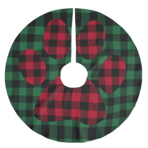 Green Buffalo Plaid & Dog Paw Print, Checkered Brushed Polyester Tree Skirt